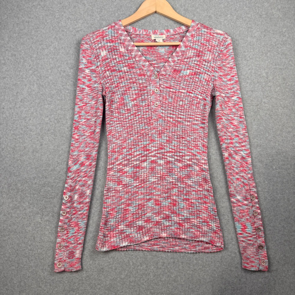 Sundance Henley Top Womens XS‎ Pink Blue Space Dye Ribbed Knit Button Y2K Style